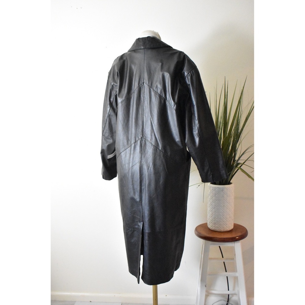 Comint Leather Trench Coat Womens Petite M Black 80s Shawl Collar Long Jacket - Picture 4 of 10